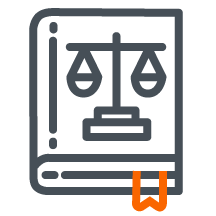 Icon of a book with an orange bookmark and the scales of justice on it
