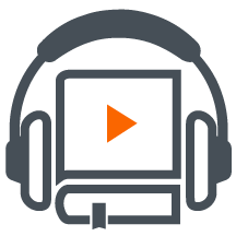 Icon of headphones around a video on a laptop sitting on a law book