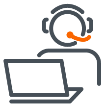 Icon of a person wearing a headset in front of a laptop
